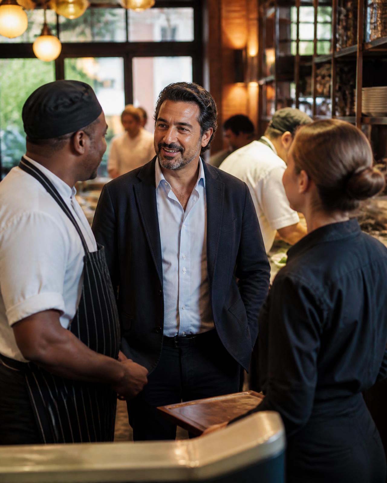 Restaurant operator speaking with the chef and manager inside an active restaurant